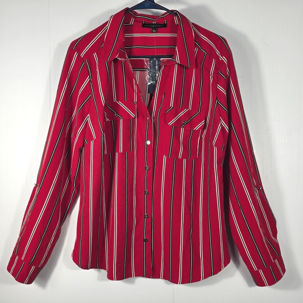 Adrienne Vittadini Red Striped Button Down Roll Tab Blouse Womens Large NEW